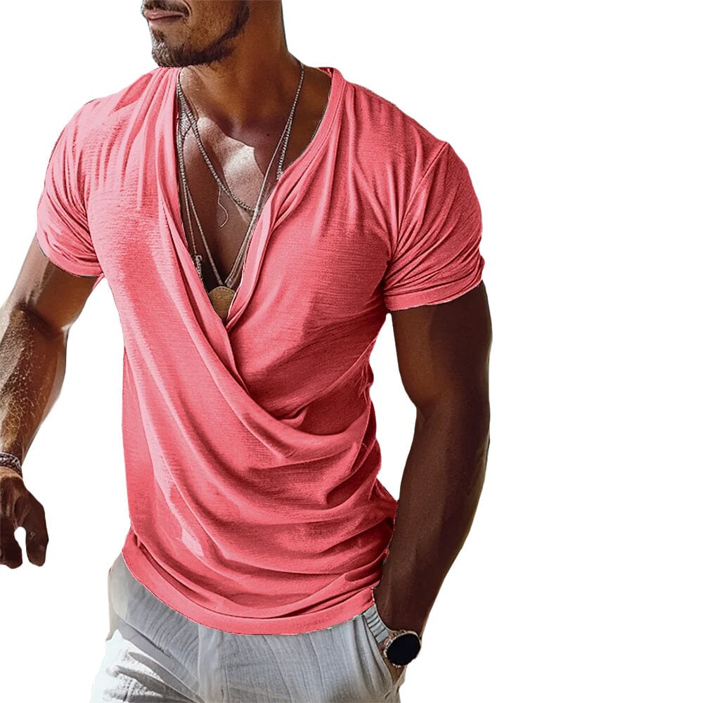 Herren T-Shirt Wickel-Design | Drapierter V-Ausschnitt Slim Fit [ Herrenkollektion - Frühling & Sommer '25 - Hemden ] 5 - Herren T-Shirt Wickel-Design Gratti Paris Pink S 