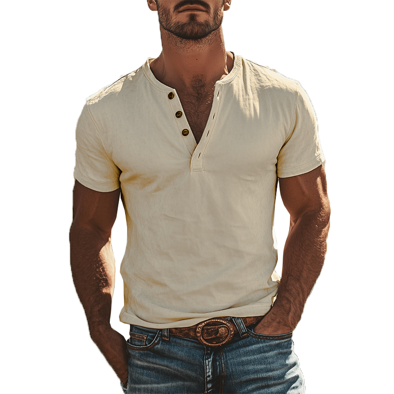 Herren Vintage Henley Shirt kurzarm | Slim Fit Retro Shirt mit Knopfleiste [ Herrenkollektion - Frühling & Sommer '25 - Hemden ] 153 - Herren Vintage Henley Shirt kurzarm Gratti Paris Hellkhaki S 