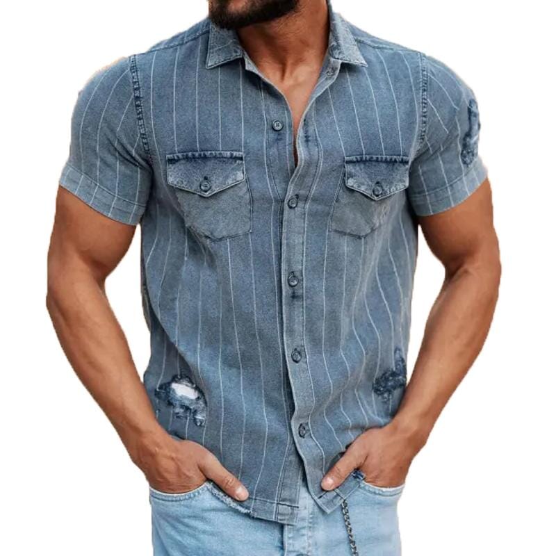 Herren Vintage Jeanshemd kurzarm | Used-Look Hemd gestreift zerrissen [ Herrenkollektion - Frühling & Sommer '25 - Hemden ] 92 - Herren Vintage Jeanshemd kurzarm Gratti Paris Blau S 