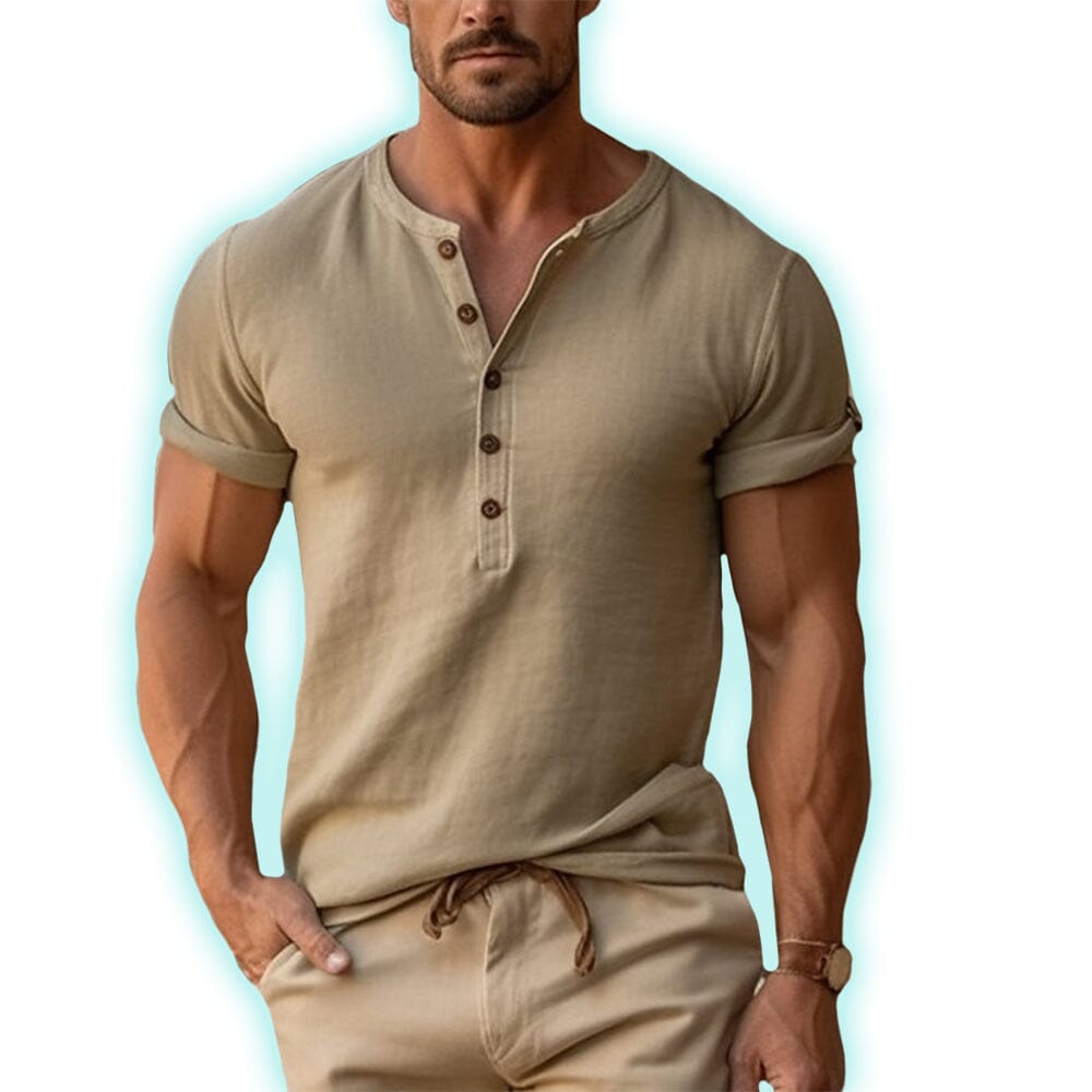 Lässiges Baumwoll-Sommerhemd | Henley Shirt mit Knopfleiste in Beige [ Herrenkollektion - Frühling & Sommer '25 - Hemden ] 19 - Lässiges Baumwoll-Sommerhemd Gratti Paris 