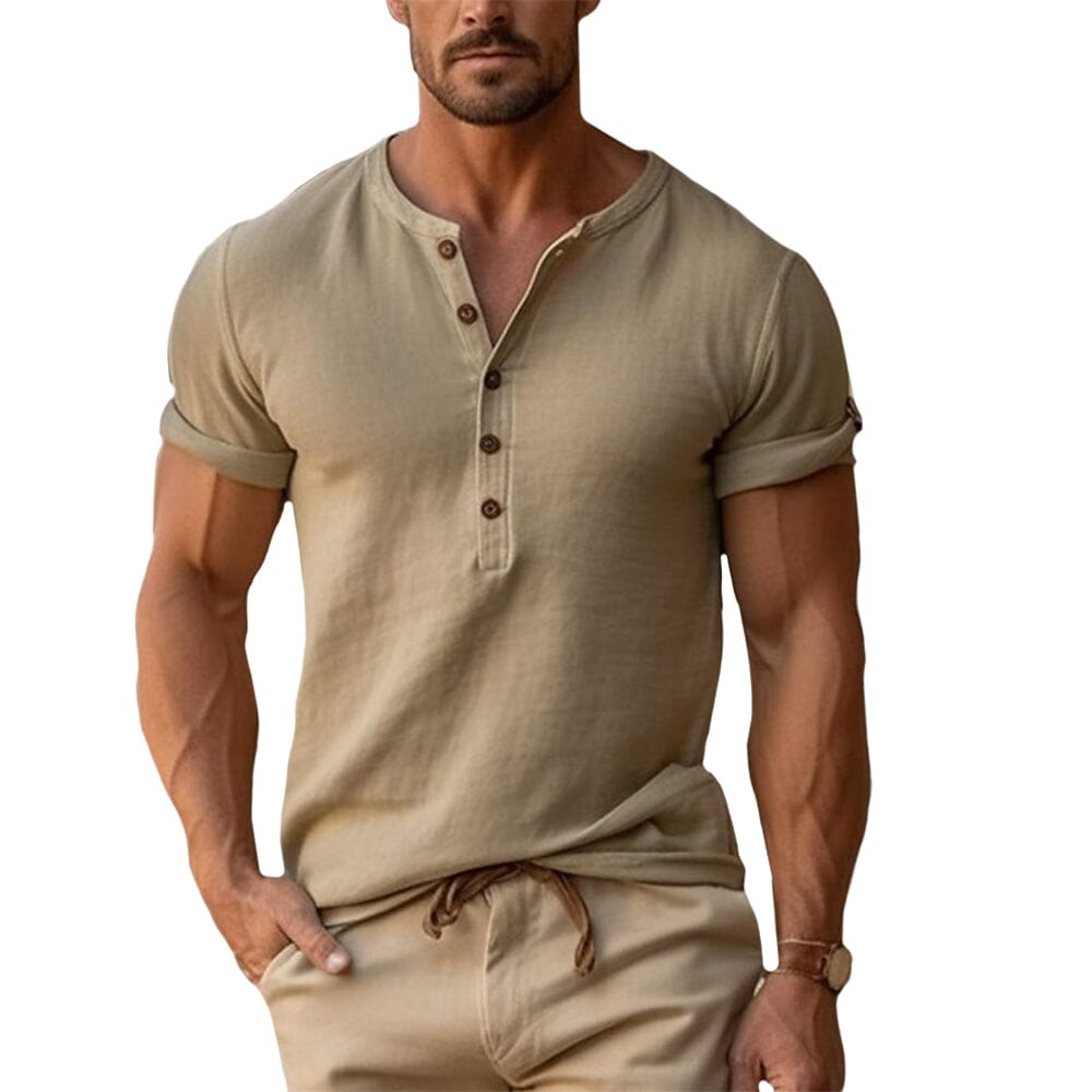 Lässiges Baumwoll-Sommerhemd | Henley Shirt mit Knopfleiste in Beige [ Herrenkollektion - Frühling & Sommer '25 - Hemden ] 19 - Lässiges Baumwoll-Sommerhemd Gratti Paris Khaki S 